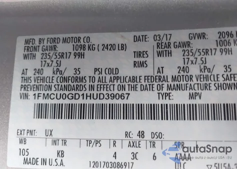 2017 Ford Escape Se из США, поврежденный, VIN 1FMCU0GD1HUD39067